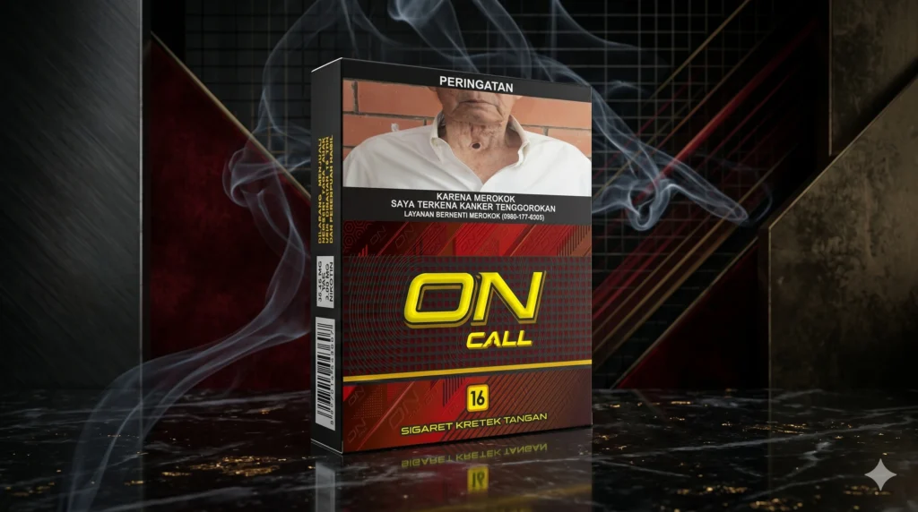 Visual produk Rokok ON CALL 16 Sigaret Kretek Tangan dengan latar belakang maskulin dan efek asap dari PT Cakra Guna Karya Nusa