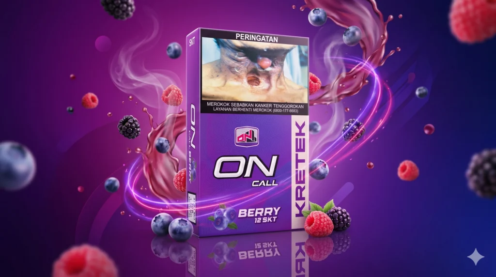 Visual produk Rokok ON CALL BERRY 12 SKT Sigaret Kretek Tangan dengan latar belakang buah beri dari PT Cakra Guna Karya Nusa